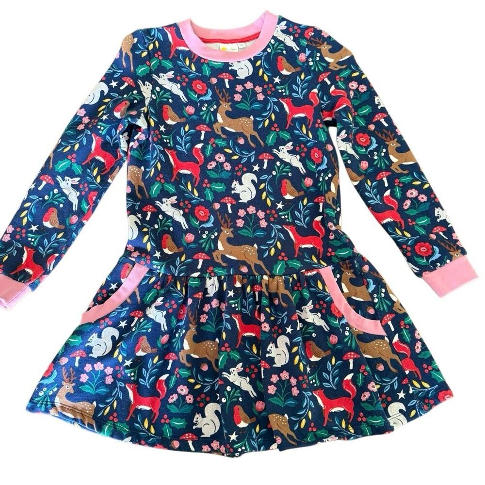 Mini Boden | Woodland Animal Dress Navy Fox Deer Print Long Sleeve | Girls 9-10Y
